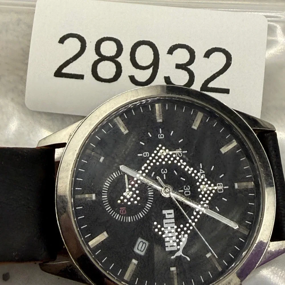 Puma Chronograph Watch Black Silver Leather Strap Date Sport Mens 7.5in